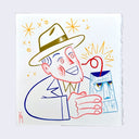 Simple colorful line art illustration of a stylized cartoon business man, smiling and drinking out of a tiki head cup with a red curly straw coming out of it.