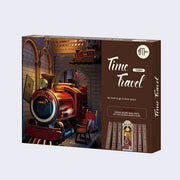 Product packaging for "Time Travel" train station themed 3D bookend kit. 