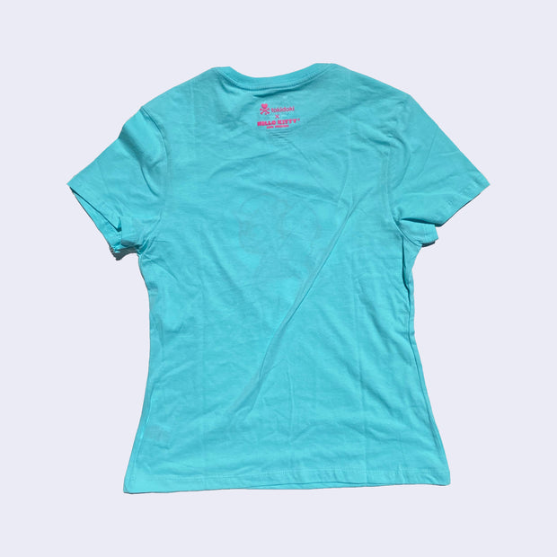 Back side of bright aqua t-shirt.