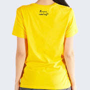 Back of yellow t-shirt. "Tokidoki x Hello Kitty" is written on top middle.