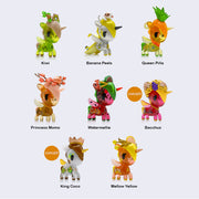8 differently designed unicorn figures, all but 1 with transparent body colorings. All have their own fruit thematic, with matching coloring and headware. To read all options, see product descriptions.