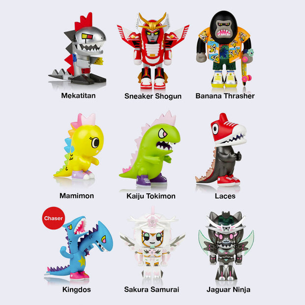9 differently designed Tokimondo kaiju vinyl figures. For further details, refer to product description.