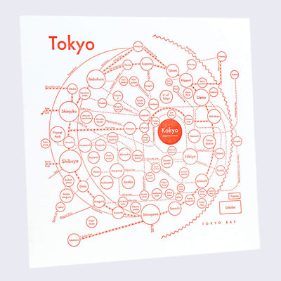 Red orange letterpress print on white paper depicting the city of Tokyo abstractly as circles and lines. Neighborhood names are inside of circles, aligned in relation to their real location, and connected by street names and train routes. "Tokyo" is written largely in the upper left corner.