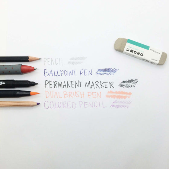 Display of a pencil, ballpoint pen, permanent marker, dual brush pen, and colored pencil with appropriate scribbles and an erased line through each of them.