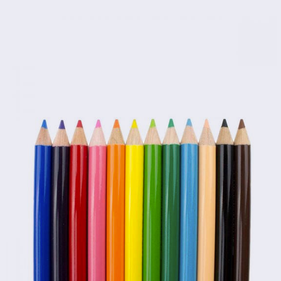 Line of 12 sharpened color pencils. Colors include: blue, purple, red, pink, orange, yellow, green, dark green, aqua, tan, black and brown.