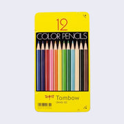 Yellow tin container displaying 12 colored pencils: blue, purple, red, pink, orange, yellow, green, dark green, aqua, tan, black and brown.