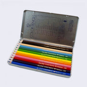 Open tin container displaying 12 colored pencils: blue, purple, red, pink, orange, yellow, green, dark green, aqua, tan, black and brown.