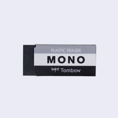 Black rectangular eraser, in a paper sleeve that reads "Plastic eraser: MONO Tombow"