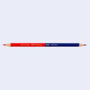 A sharpened dual tip colored pencil, with one end red and the other blue.