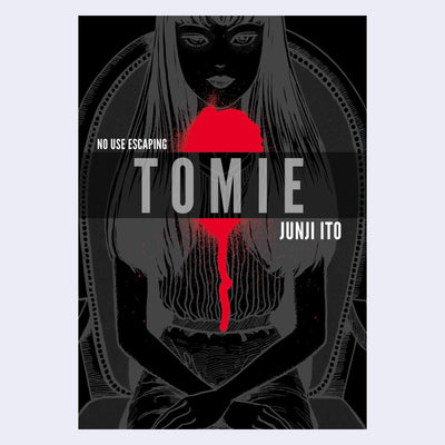 Book cover, all black with a dark gray illustration of a long haired girl sitting up straight on a chair. A red spray painting blotch is behind the title text.