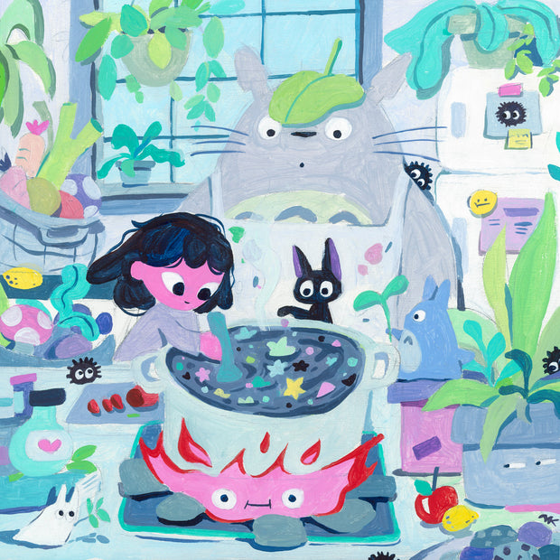 Colorful painting of a small pink girl with black hair, stirring a large pot on a stovetop. The pot has gray soup with colorful stars and sprites, the kitchen is full of plants and various vegetables and she stands next to Jiji the cat and Totoro wearing an apron, looking at the pot with surprise.