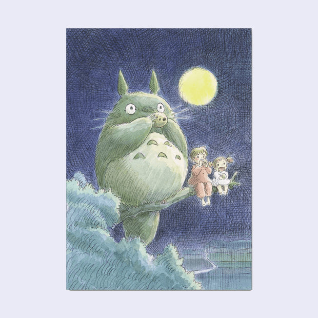 Journal cover with a full bleed illustration from a scene from My Neighbor Totoro, with Totoro sitting on a tree branch with 2 young girls, playing instruments under the moonlight.