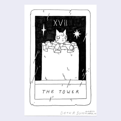 Ink drawing on white paper of a mock tarot card, titled "The Tower" and features an illustration of a cat on top of a stone tower, holding a telescope.