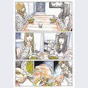 Single page excerpt, comic panel with colored illustrations of two girls eating pasta, which begins to crawl up their arms, exposing blood.