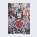 "Tract" book cover, a woman opens herself up like a coat, exposing brightly colored stringy guts and organs, with body horror imagery behind her.