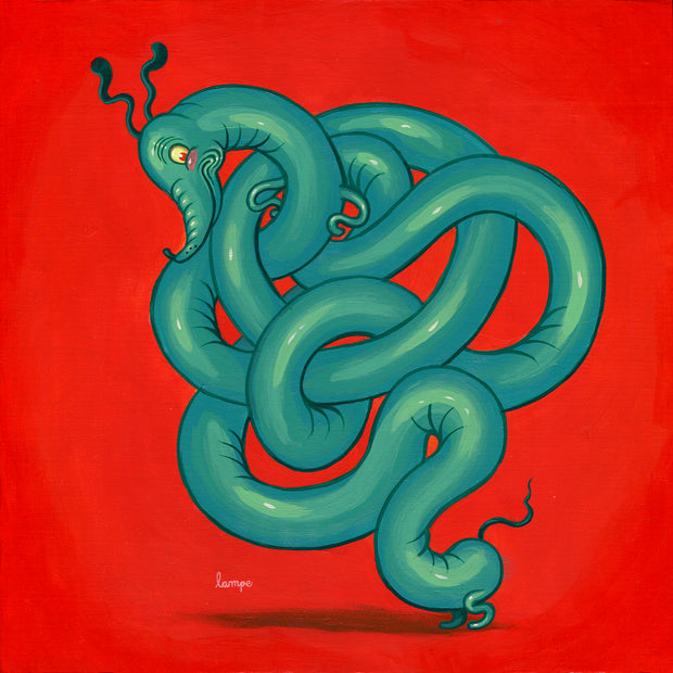 Painting of a large green worm creature, akin to a dachshund with small legs, long snout and two long ears. It is all intertwined on itself, like a knot. Background is all red. 