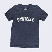 Front side of heather blue t-shirt. Bold white text in all caps says Sawtelle.