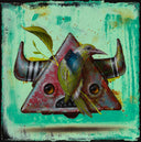 Painting on stylistically messy green background of a triangular shaped robot head, with 2 horns coming out the side. It has amber colored eyes and a pointed teeth frown. Perched on the front of it is a green bird with a long beak.