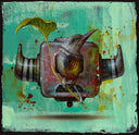 Painting on stylistically messy green background of a square shaped robot head, with 2 horns coming out the side.It has a pointed teeth frown, and a brown and green bird blocks the rest of its face, perched in front of it. 