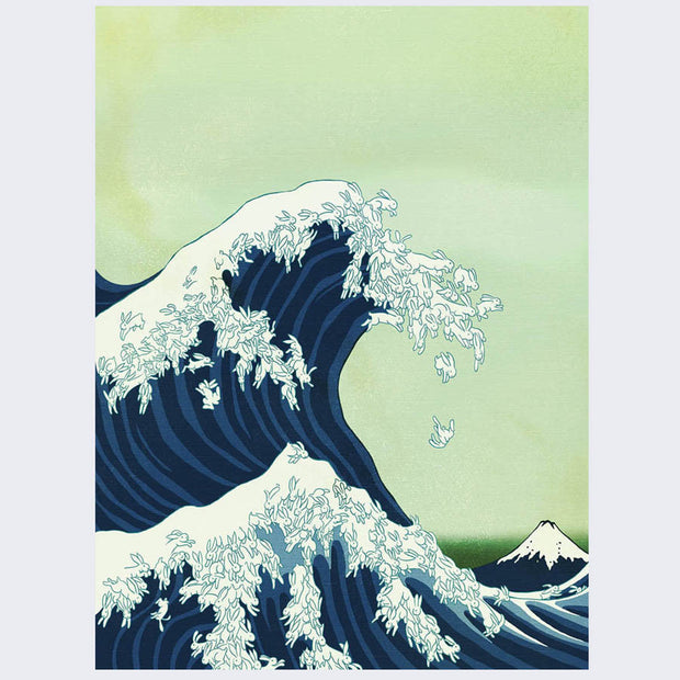 Illustration of a wave, similar to "The Great Wave Off Kanagawa." Small white bunnies manifest as the white foam of the waves.