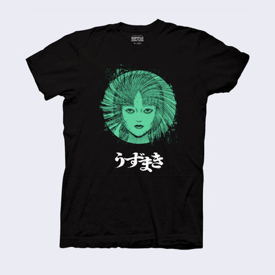 Black tee shirt with a circular green graphic of a manga style woman with short hair and straight bangs, looking straight on with a swirl effect. Written kanji is below the graphic.