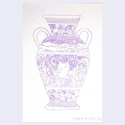 Color pencil drawing of a tall ornate vase. It is designed similar to a Greek vase, with the center design being a cat sitting in a field of plants with a broken hand and a long knife.