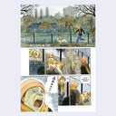 Page excerpt, featuring a colored 7 panel series of illustrations of a man walking his dog and yelling in fear.