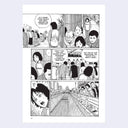 Page excerpt, featuring 6 panel illustrations of a person walking down a street and running into a group of people circled around something, all looking fearful. Story text accompanies.