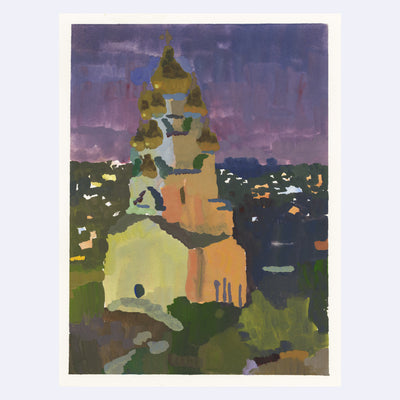 Plein air painting of a night time scene illuminated by street lighting. A large building with showy architecture stands tall in the foreground, with a city lit up in the background.
