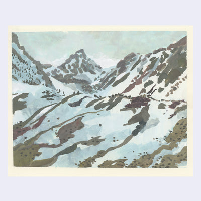 Plein air painting of snowing mountains, with bits of brown peeking out.