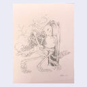 Graphite drawing on pink toned paper of a girl, with an exposed skeleton body, crouching down with another skull resting between her head and her knee.