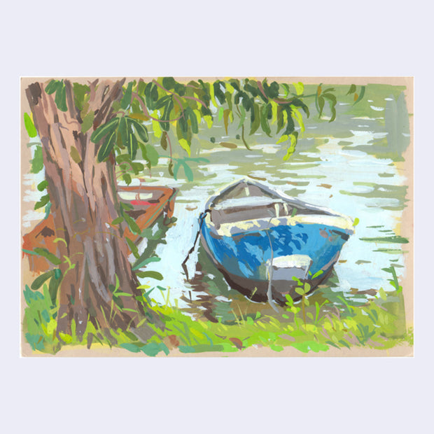 Plein air painting of a small blue boat with no mast tethered to a small dock, with a large tree in the foreground.