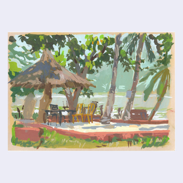Plein air painting of a open patio, lined with brick. Several chairs and a table are under a straw umbrella with many tropical looking trees around.