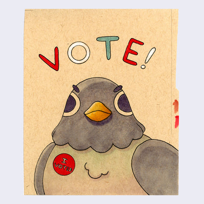 Illustration of a serious looking cartoon pigeon wearing a sticker that reads "I Voted" with "Vote!" written stylistically over its head in red, white and blue.