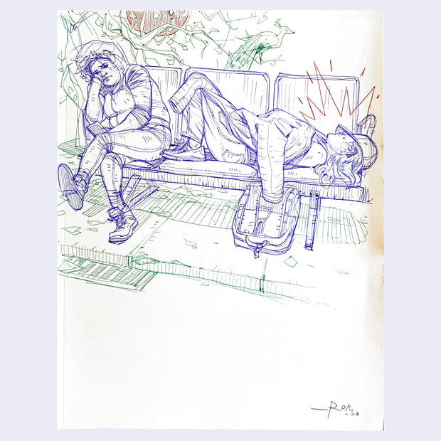 Ballpoint sketch of a person sleeping on a bus bench, with an upset person sitting squished next to them.