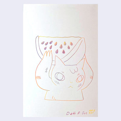 Drawing using a rainbow pencil, which transitions from color to color all in the same line. A cat, seen only from the torso up, holds a large slice of watermelon over its head.