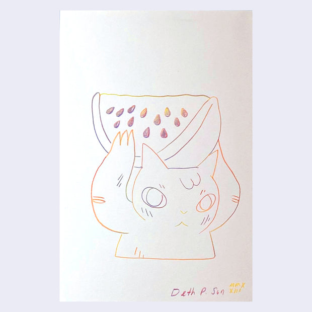 Drawing using a rainbow pencil, which transitions from color to color all in the same line. A cat, seen only from the torso up, holds a large slice of watermelon over its head.