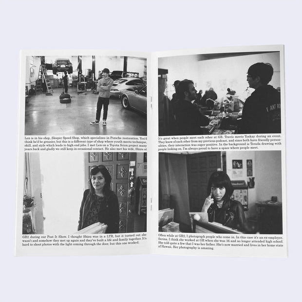 Open two page zine spread. Each page has two different black and white photographs of different people, with accompanying text below each photo.