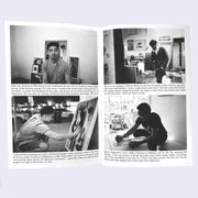 Open two page zine spread. Each page has 2 black and white photographs of different artists in their studios. Accompanying text is under each photo.