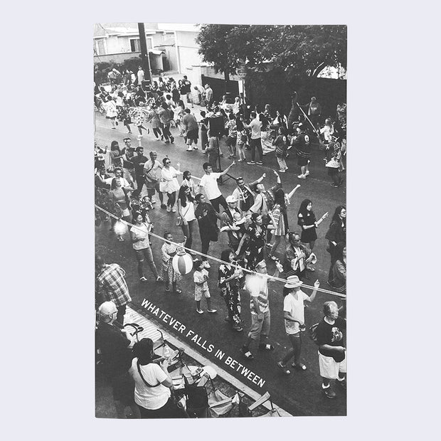 Zine cover with black and white photograph of a parade, all different people walking down a street. "Whatever Falls In Between" is written in all caps white font along the crowd gate.