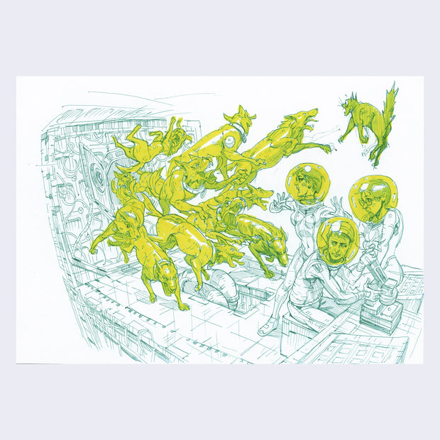 Green ink illustration on white paper of 3 people standing in space suits inside of a space station or craft, with many yellow dogs floating around and one frightened cat.