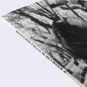 Side angle of zine, showing white spine with "Whatever Falls in Between 4" in black all caps font.
