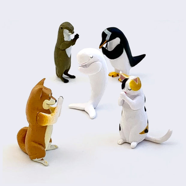 5 different plastic animals, bowing their heads with their hands put together in prayers. Animals include: otter, penguin, white beluga whale, brown Shiba Inu and calico cat.