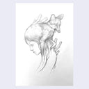 Graphite sketch drawing of a woman in profile view, looking down to the left. Atop her head, blending in with her hair is a young wolf.