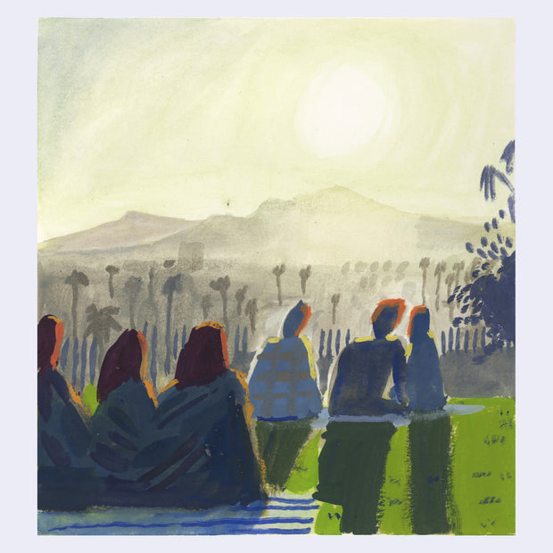Plein air painting of several people sitting on a lawn on a blanket, in 2 separate groups facing the sun.