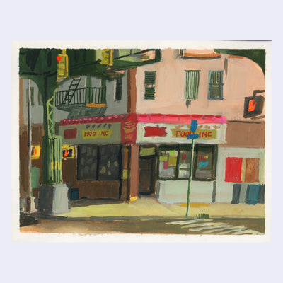 Plein air painting of a bodega on a street corner at midday.