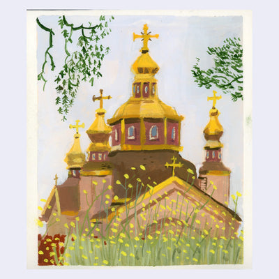 Plein air painting of a elaborately designed church, with several golden peaks with crosses on them.