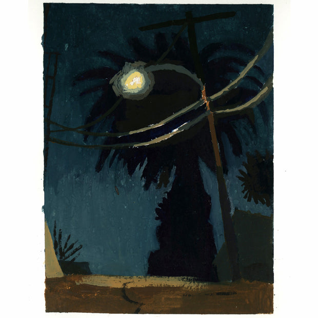 Plein air night scene painting of an empty road with a bright street light overhead, telephone wires wrapped around it with a large palm tree in the back.