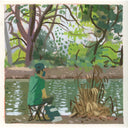 Plein air painting of a masked person in a green shirt sitting on a fabric folding stool, looking off into the distance. He sits in front of a shaded lake with lots of greenery surrounding.