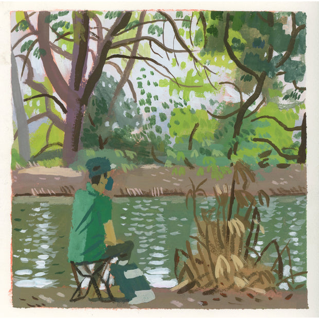 Plein air painting of a masked person in a green shirt sitting on a fabric folding stool, looking off into the distance. He sits in front of a shaded lake with lots of greenery surrounding.